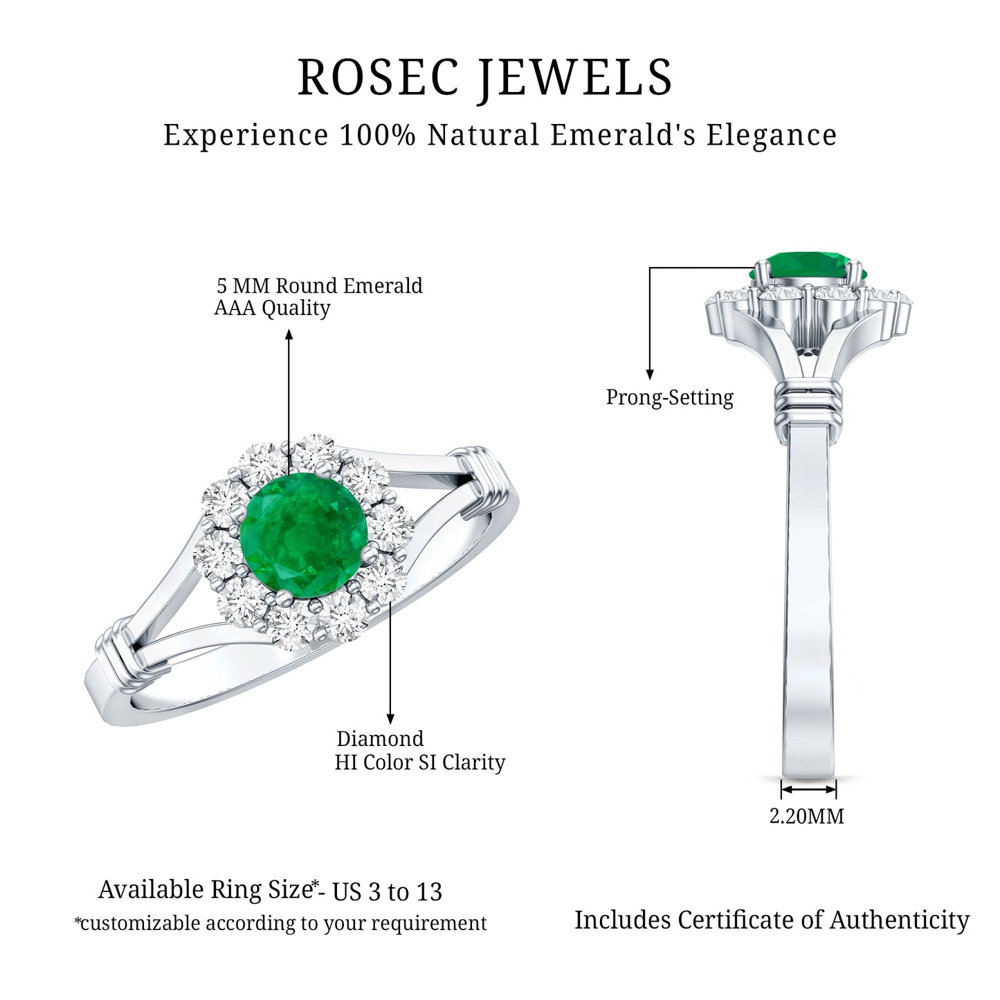 Emerald Nature Inspired Engagement Ring with Diamond Halo