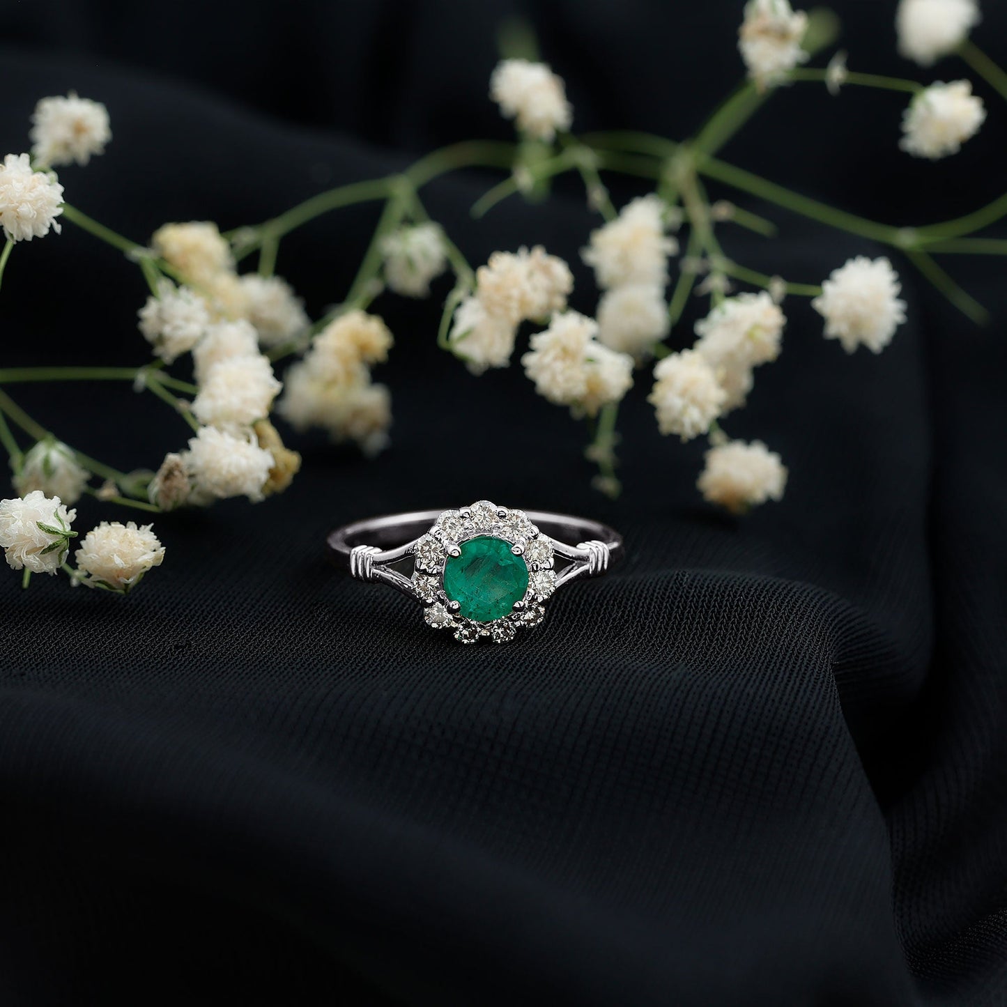 Emerald Nature Inspired Engagement Ring with Diamond Halo