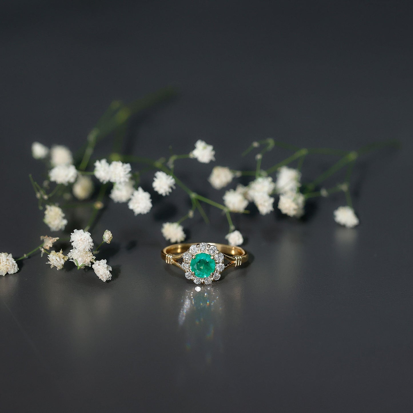 Emerald Nature Inspired Engagement Ring with Diamond Halo