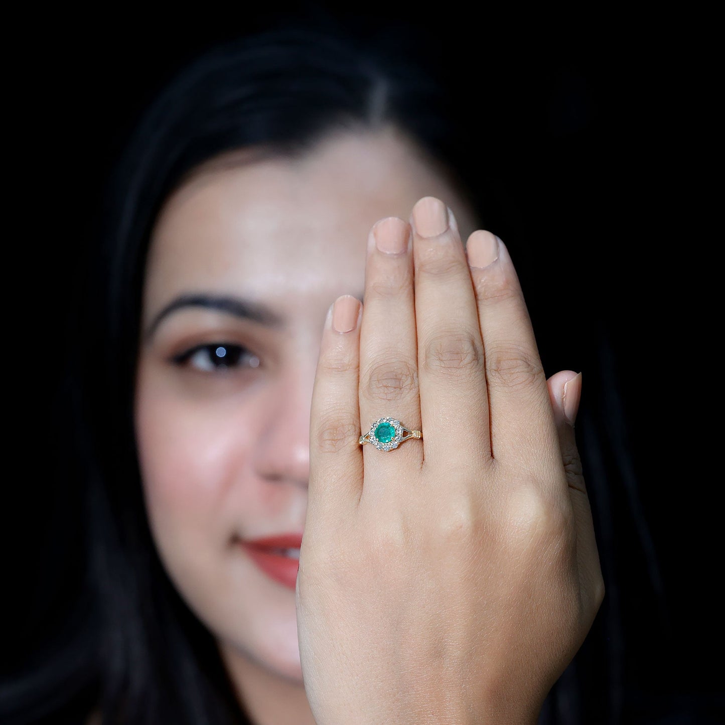 Emerald Nature Inspired Engagement Ring with Diamond Halo