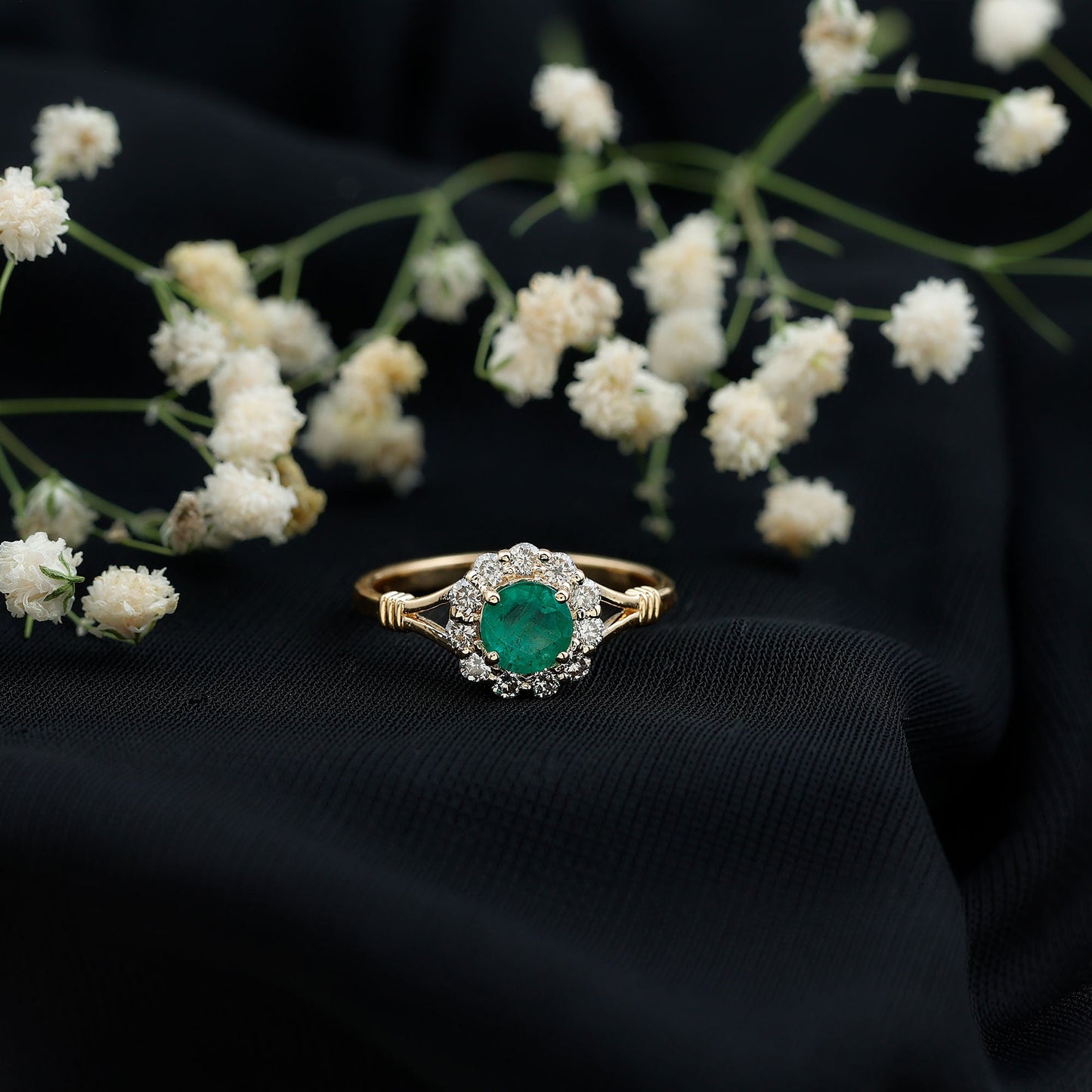 Emerald Nature Inspired Engagement Ring with Diamond Halo