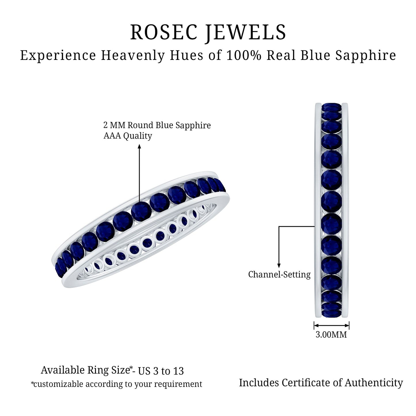 Natural Blue Sapphire Eternity Stackable Ring for Women