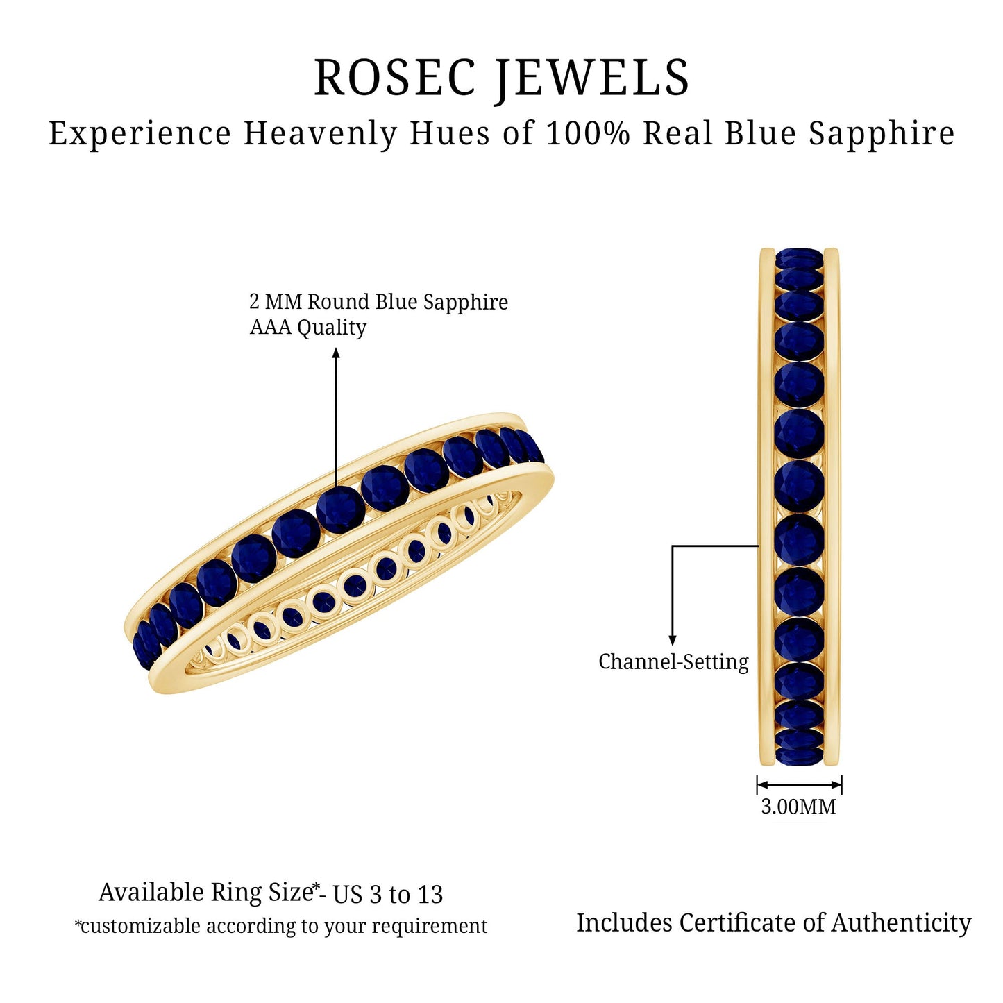 Natural Blue Sapphire Eternity Stackable Ring for Women