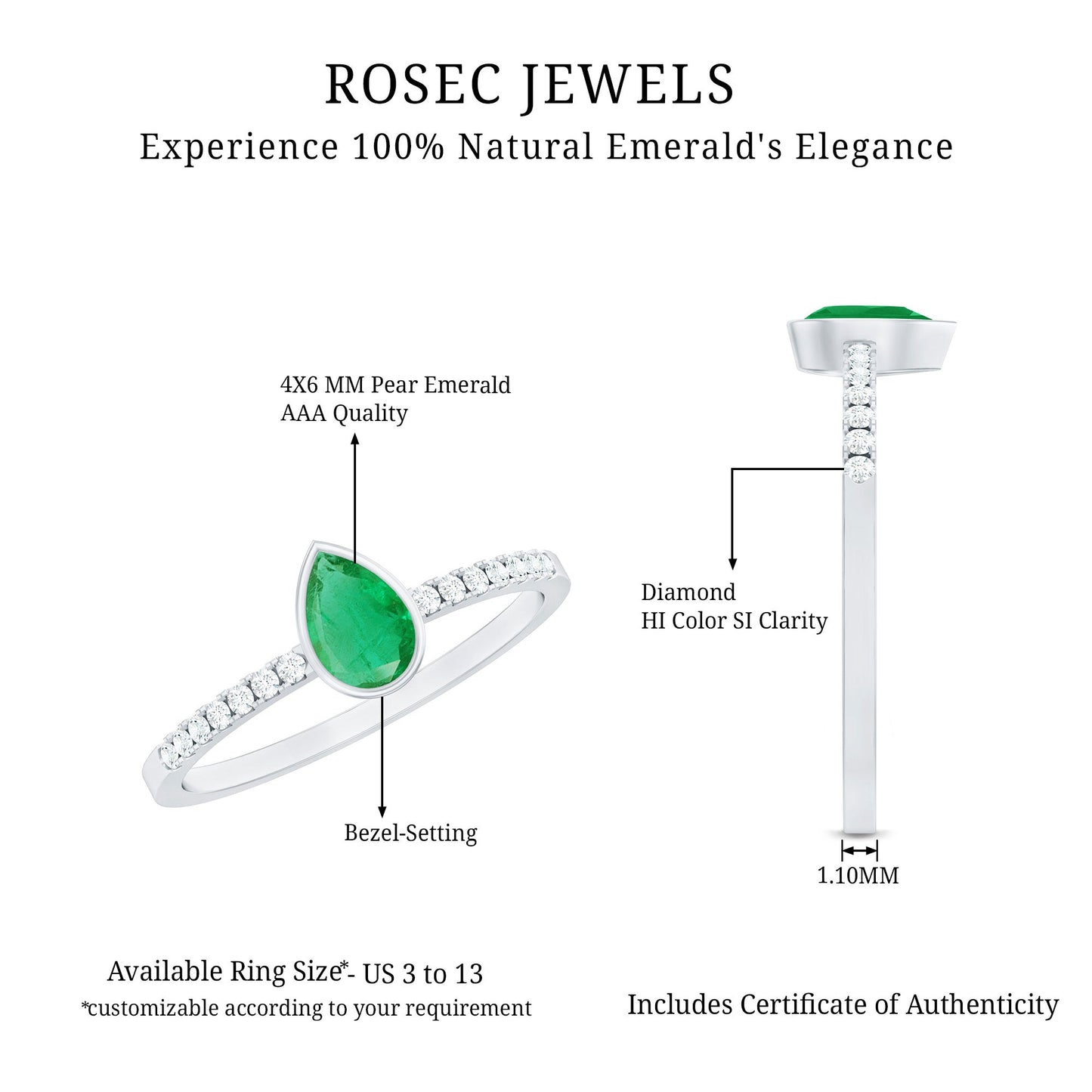 Pear Shaped Emerald Engagement Ring with Diamond Side Stones