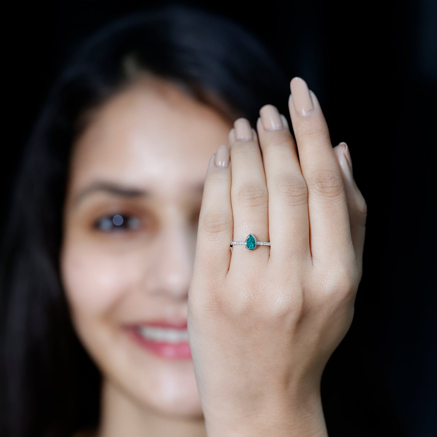 Pear Shaped Emerald Engagement Ring with Diamond Side Stones