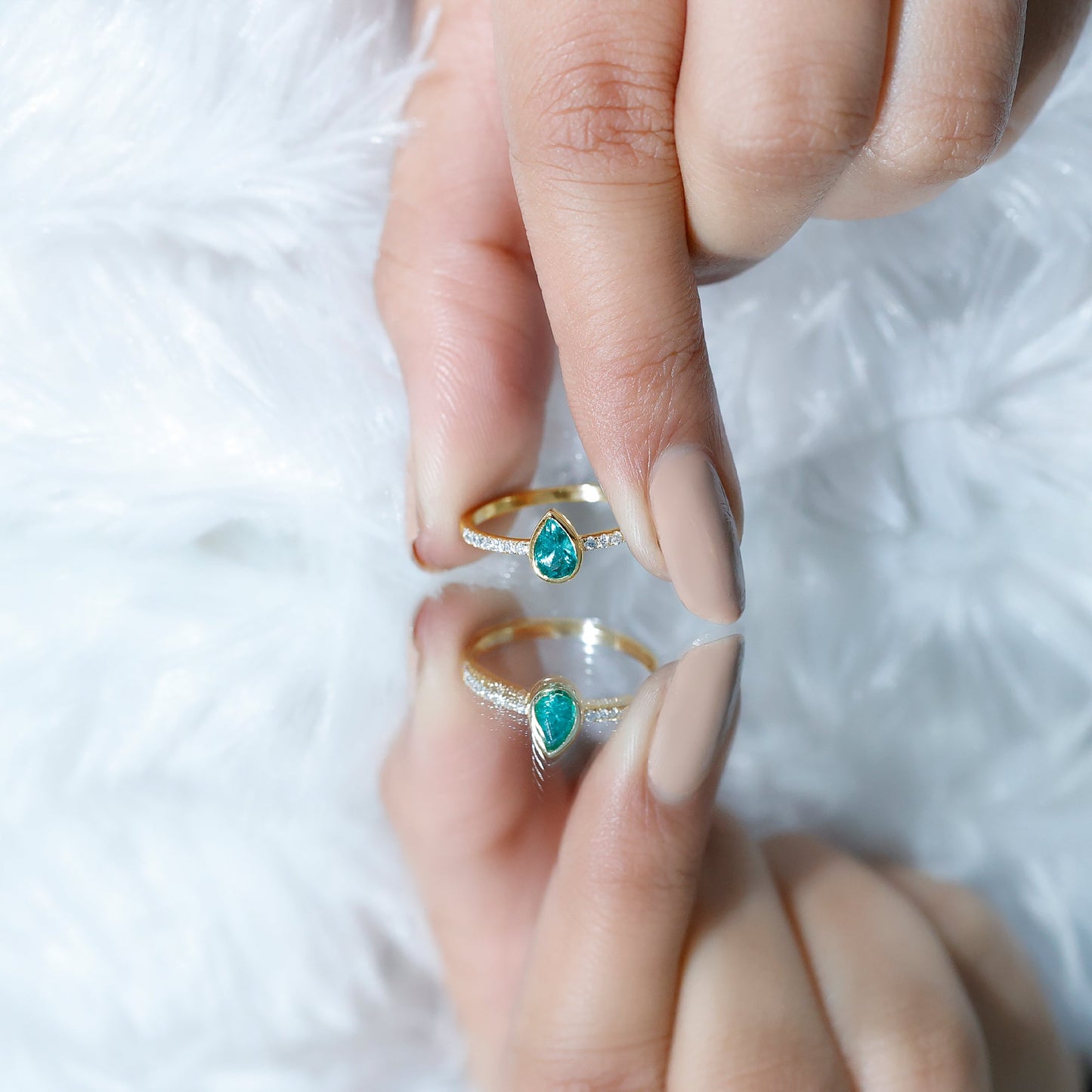 Pear Shaped Emerald Engagement Ring with Diamond Side Stones