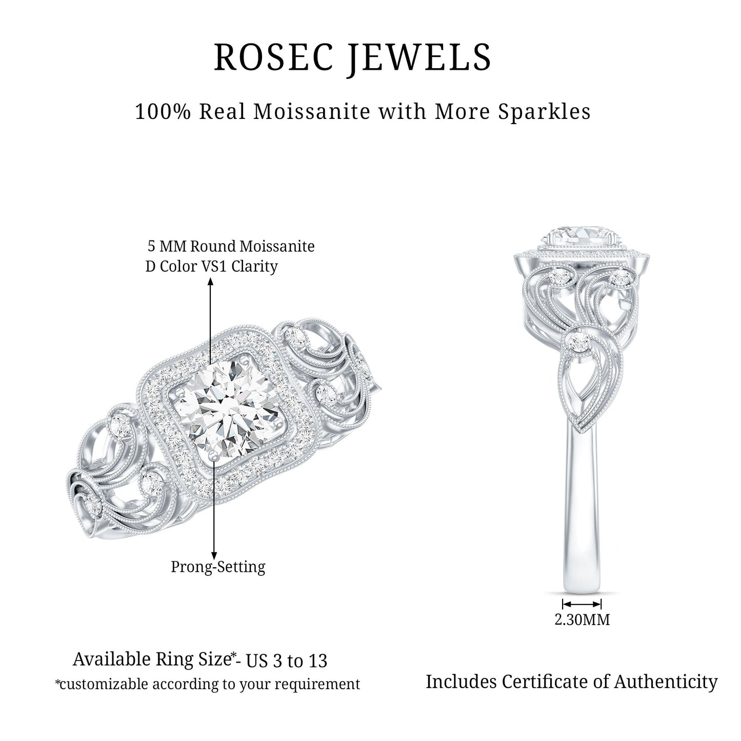Certified Moissanite Art Deco Engagement Ring for Women