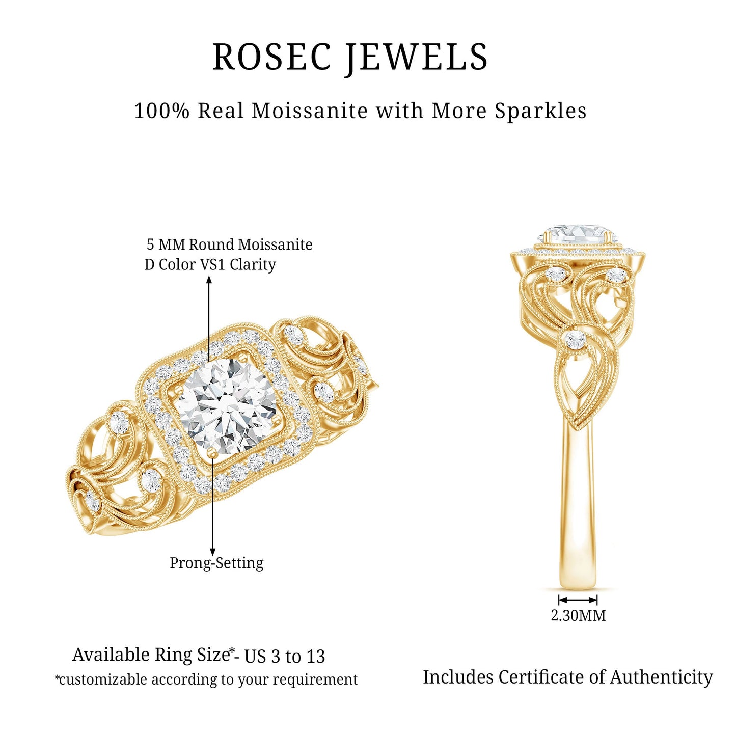 Certified Moissanite Art Deco Engagement Ring for Women