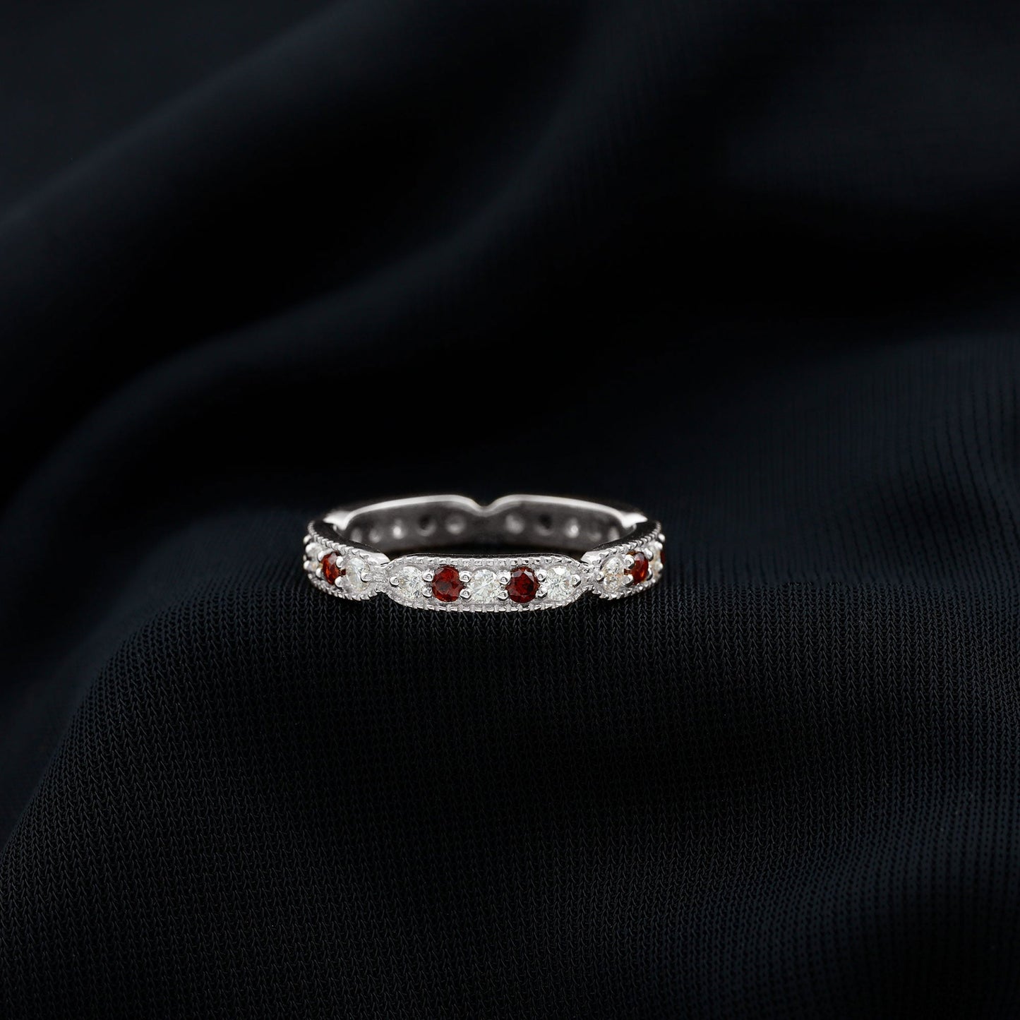 Vintage Inspired Garnet Eternity Ring with Diamond