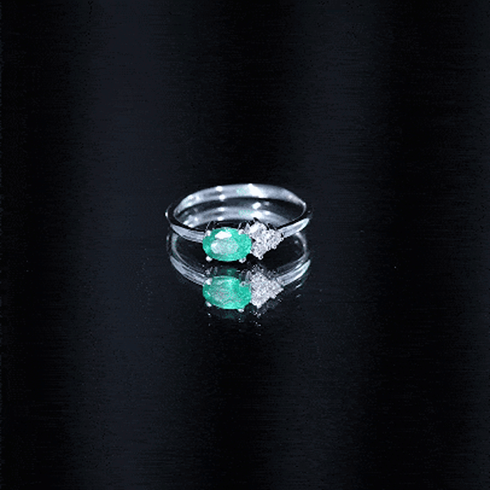 AAA Quality Oval Cut Emerald East West Promise Ring with Diamond Trio
