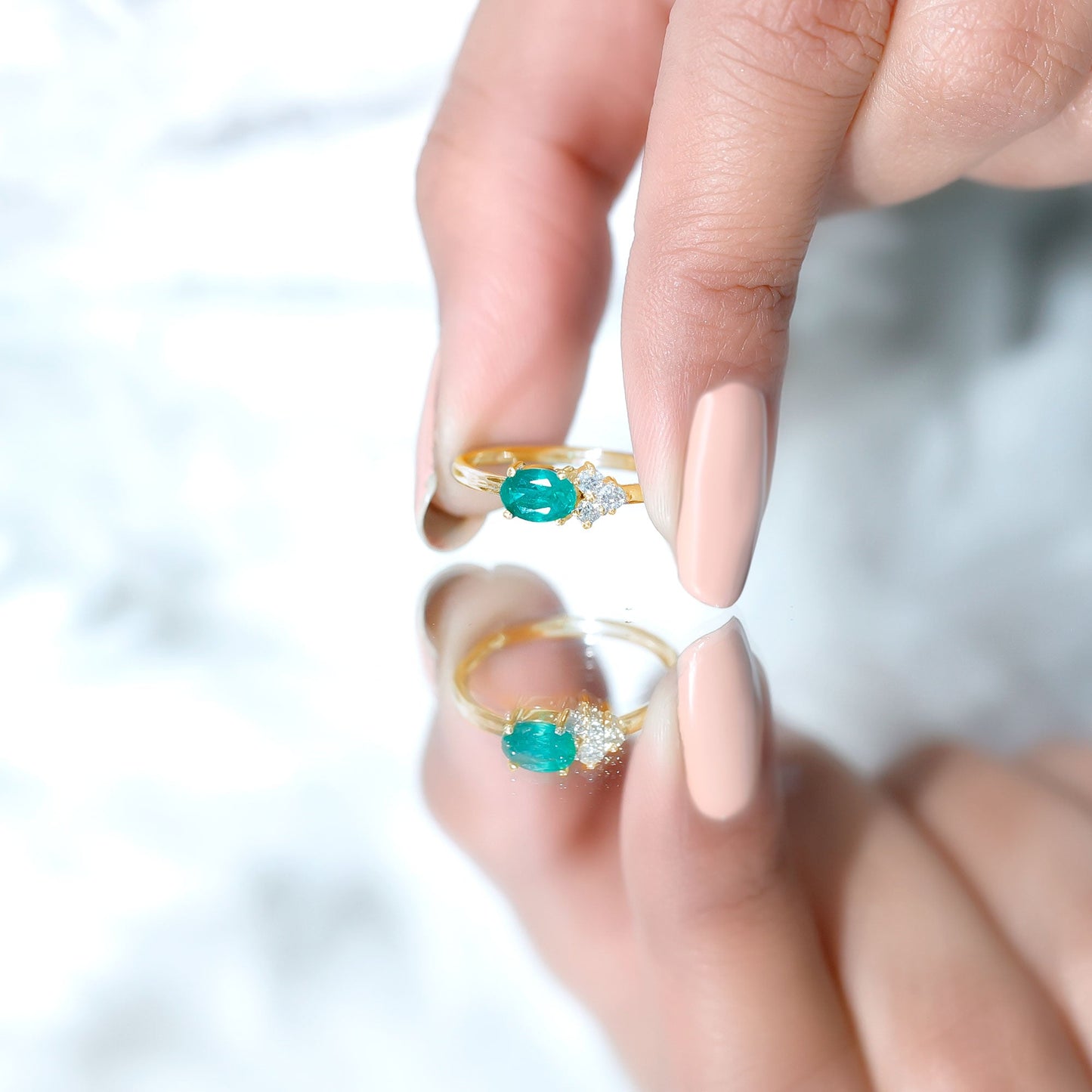 AAA Quality Oval Cut Emerald East West Promise Ring with Diamond Trio