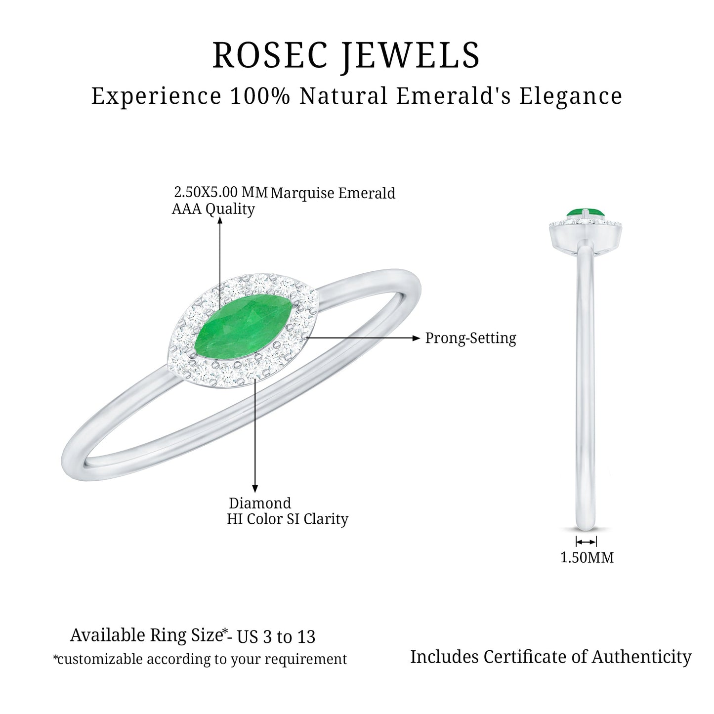Marquise Emerald East West Promise Ring with Diamond Halo