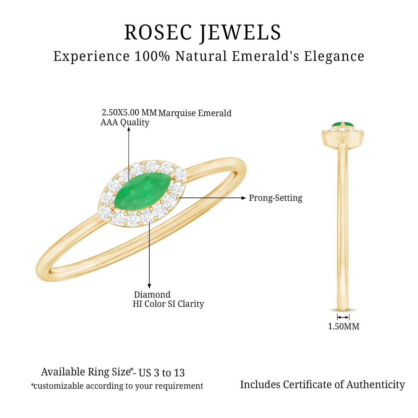 Marquise Emerald East West Promise Ring with Diamond Halo