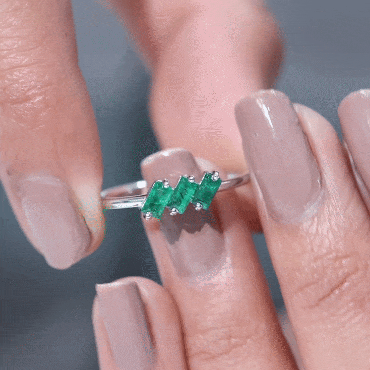 Baguette Cut Real Emerald Three Stone Promise Ring