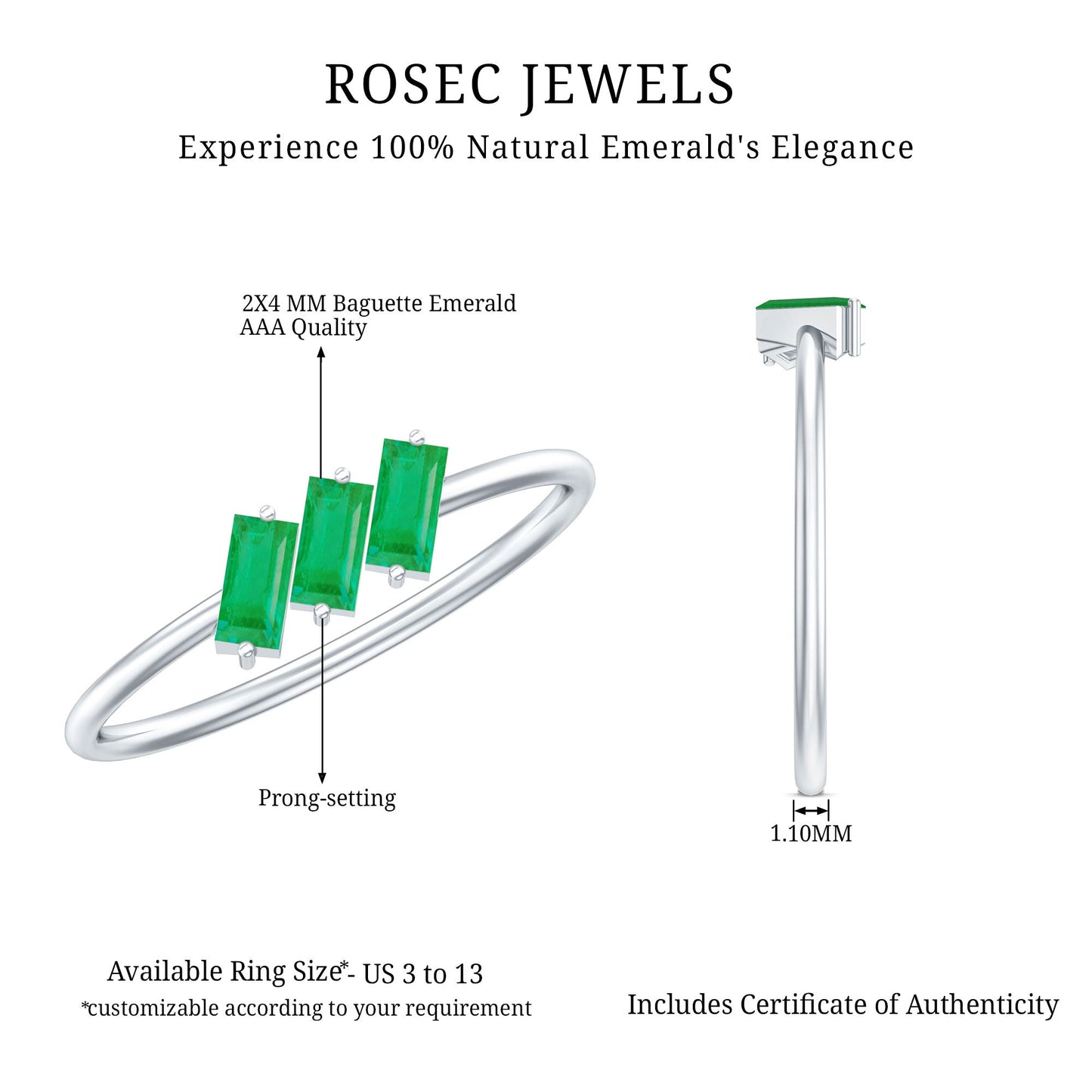 Baguette Cut Real Emerald Three Stone Promise Ring