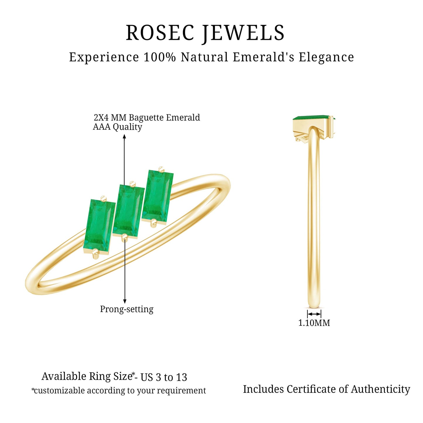 Baguette Cut Real Emerald Three Stone Promise Ring