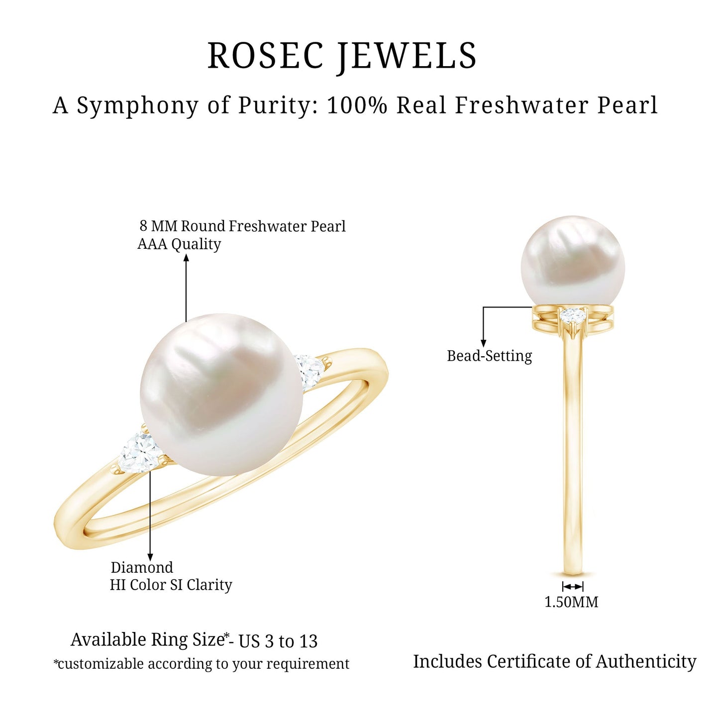 Real 7.48 Carat Freshwater Pearl Solitaire Engagement Ring with Diamond