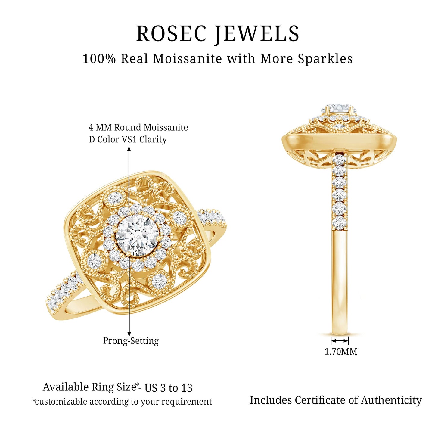 Moissanite Statement Engagement Ring with Milgrain Detailing