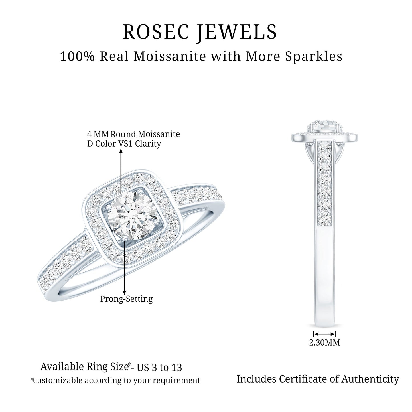 Moissanite Round Halo Engagement Ring with Certificate