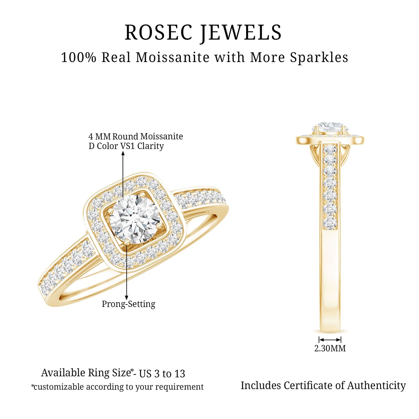 Moissanite Round Halo Engagement Ring with Certificate
