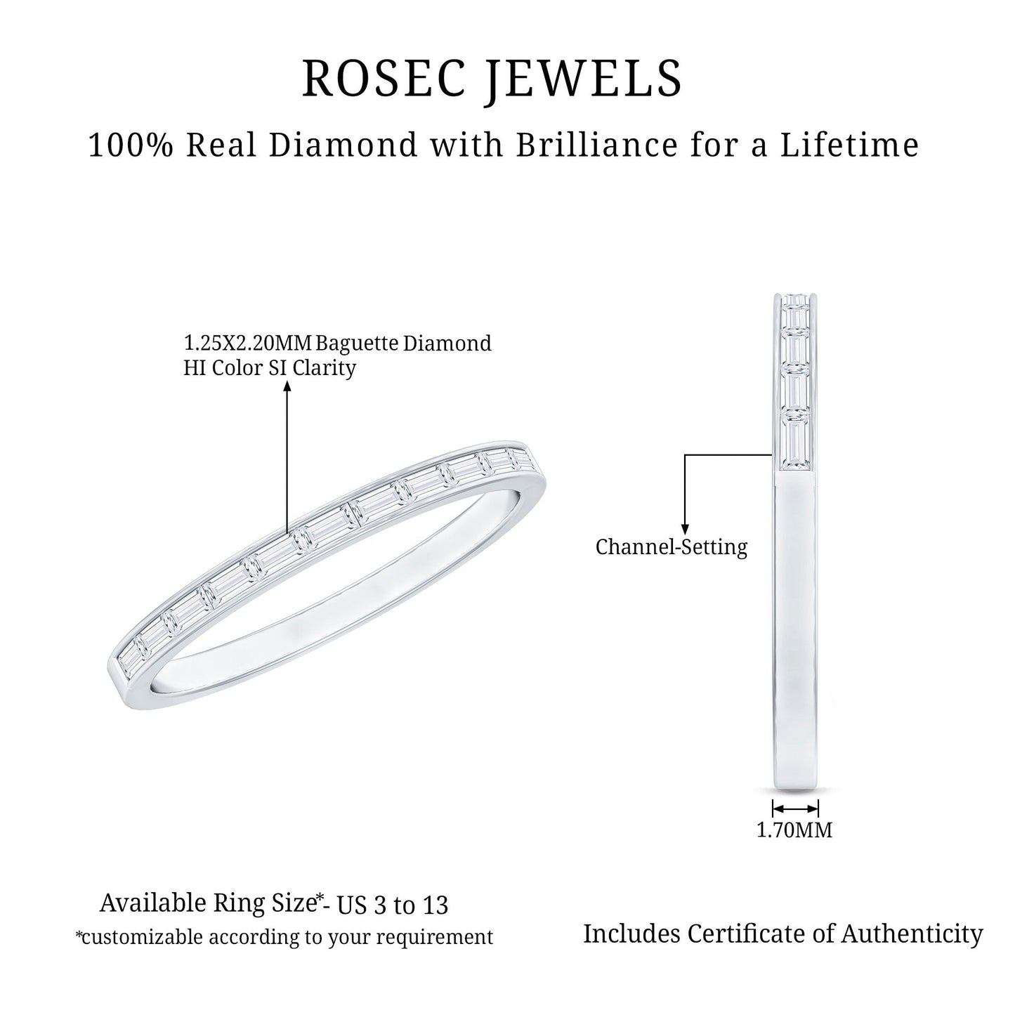 Baguette Diamond Half Eternity Stackable Ring in Channel Setting