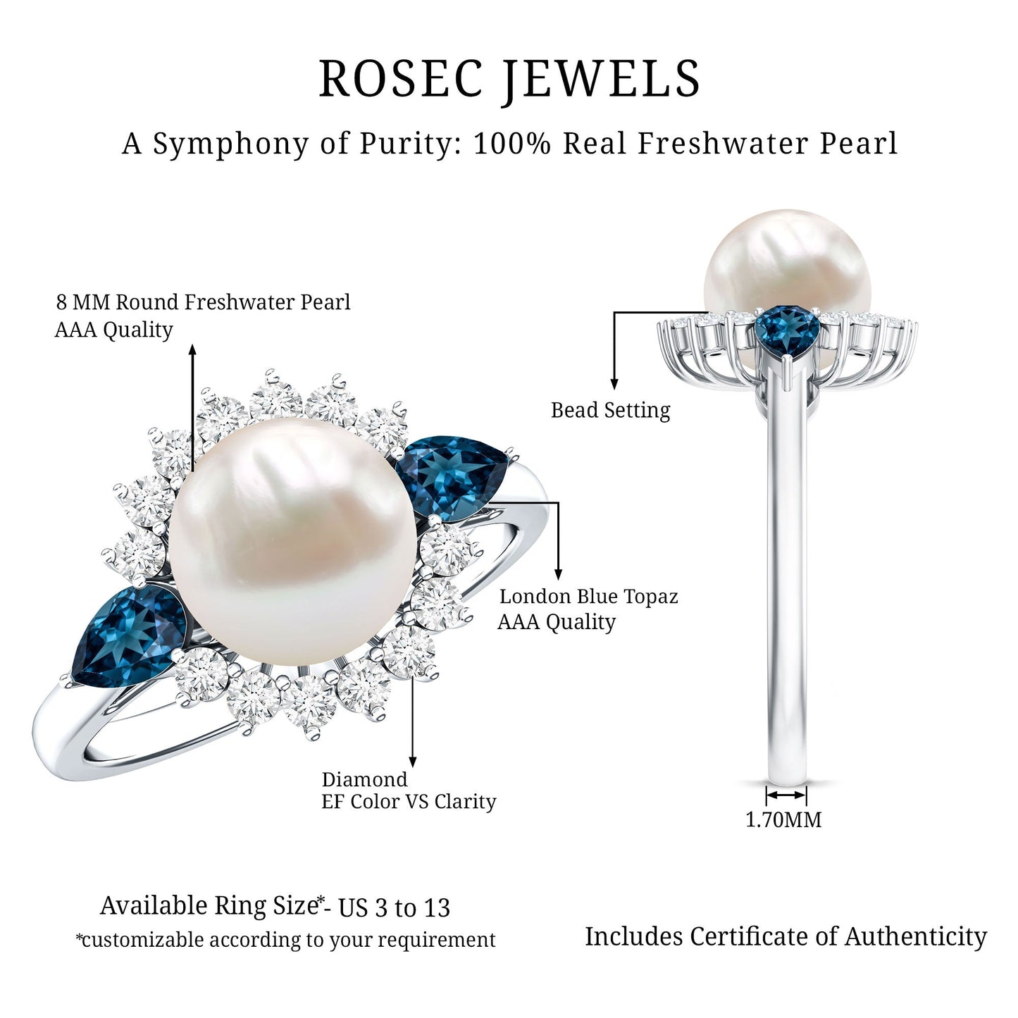 8MM Freshwater Cultured Pearl Designer Engagement Ring with Blue Topaz