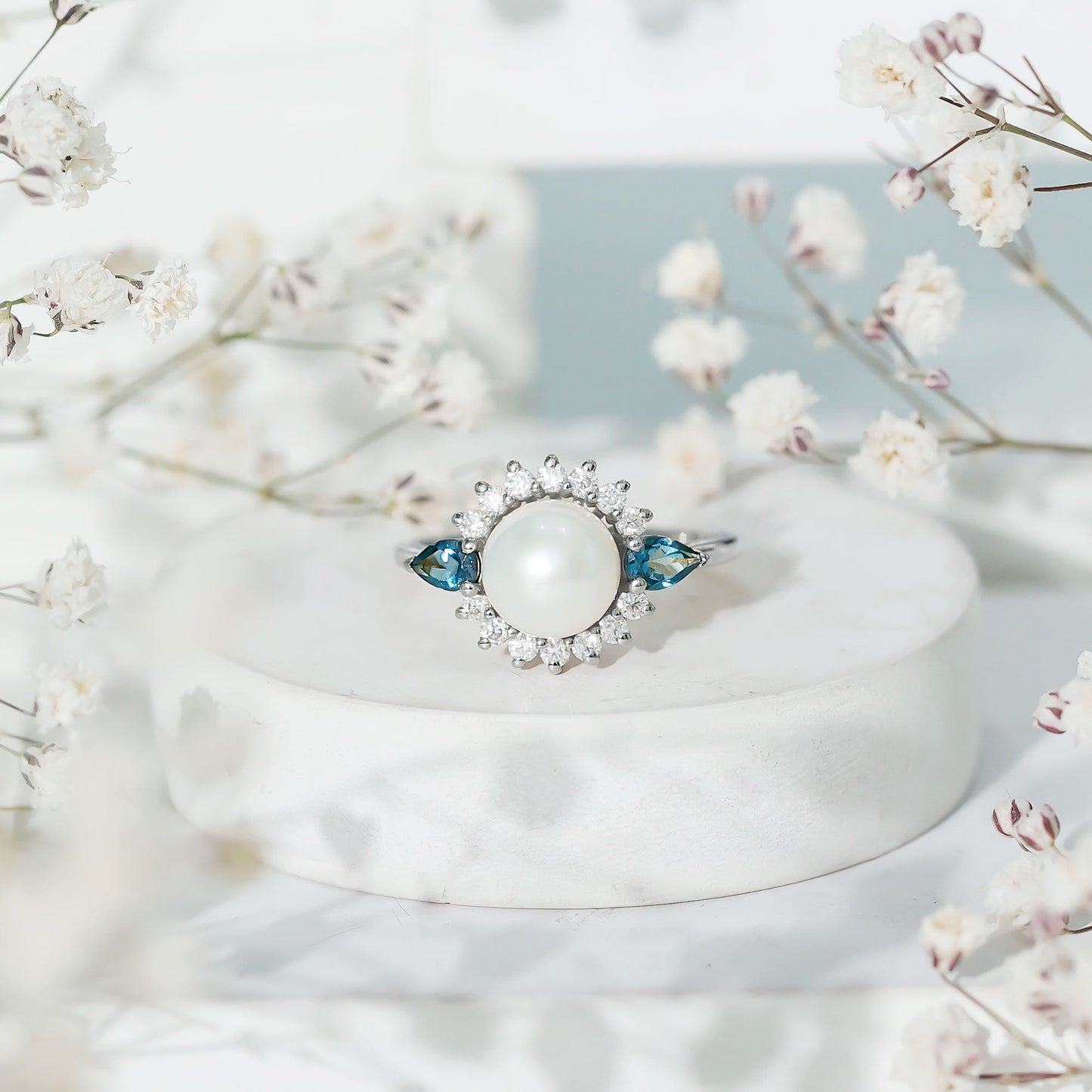 8MM Freshwater Cultured Pearl Designer Engagement Ring with Blue Topaz