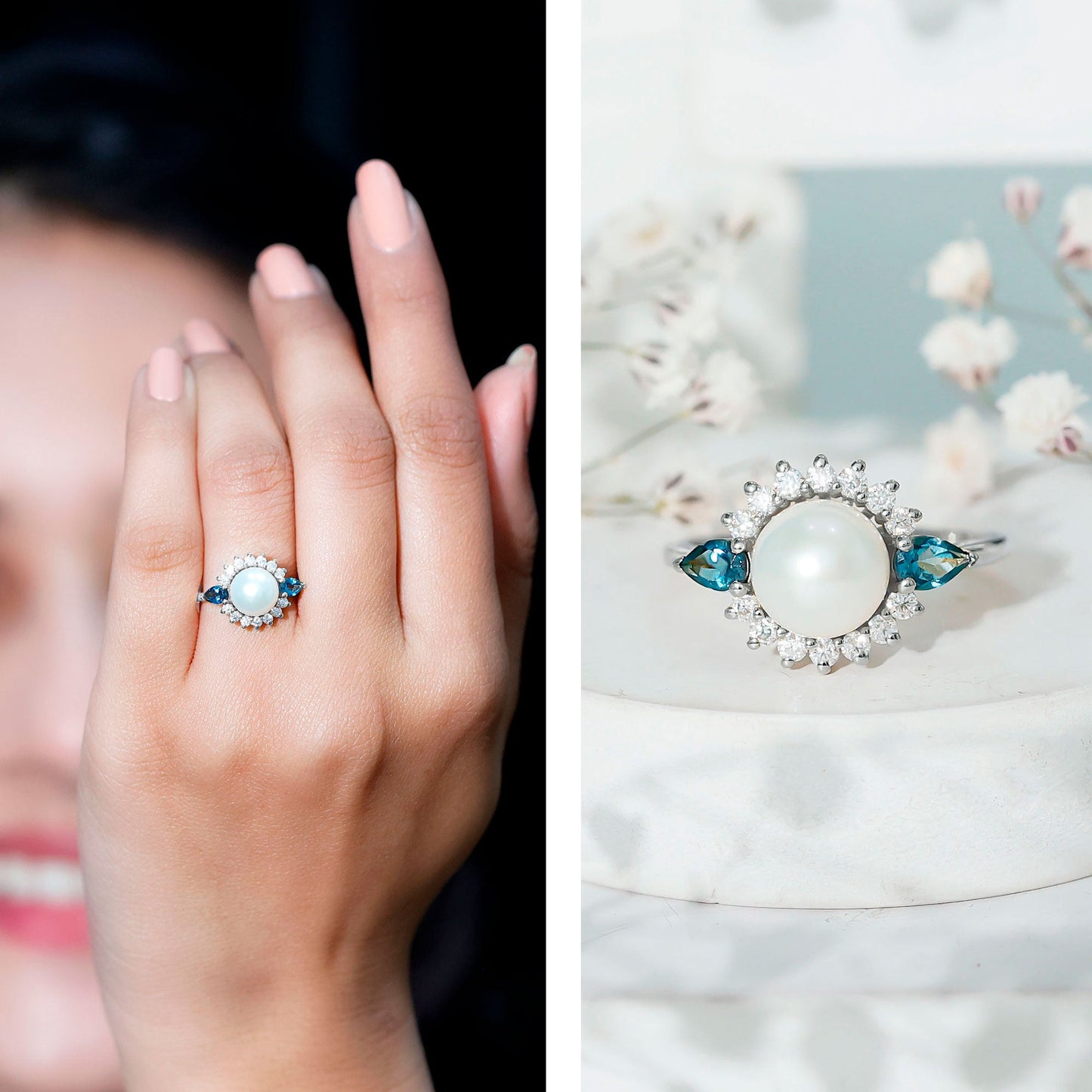 8MM Freshwater Cultured Pearl Designer Engagement Ring with Blue Topaz