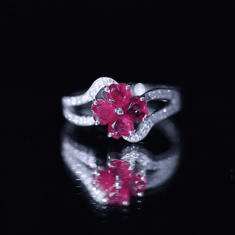 Real Ruby Flower Engagement Ring with Diamond Split Shank