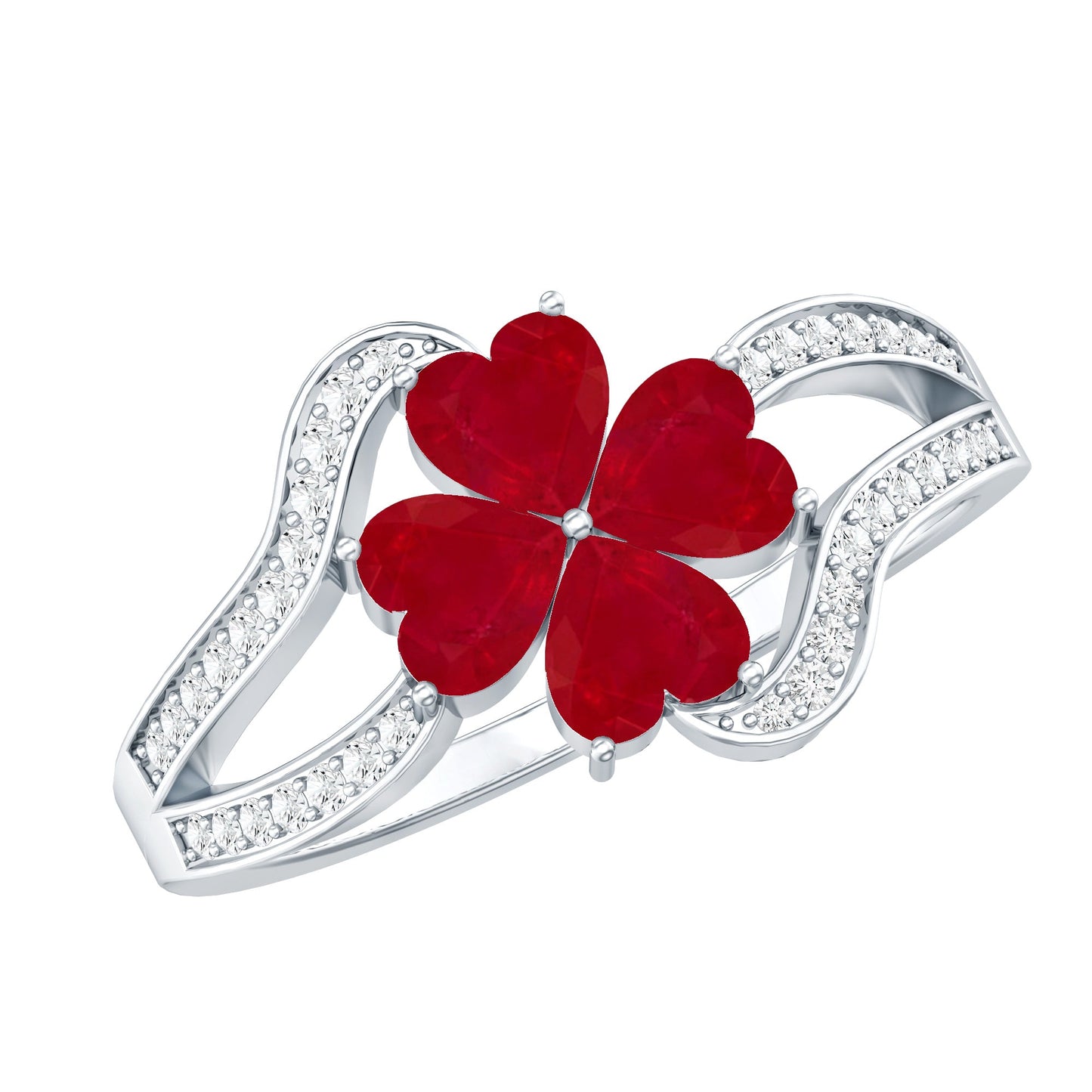 Real Ruby Flower Engagement Ring with Diamond Split Shank