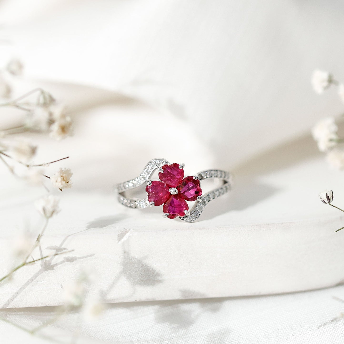 Real Ruby Flower Engagement Ring with Diamond Split Shank