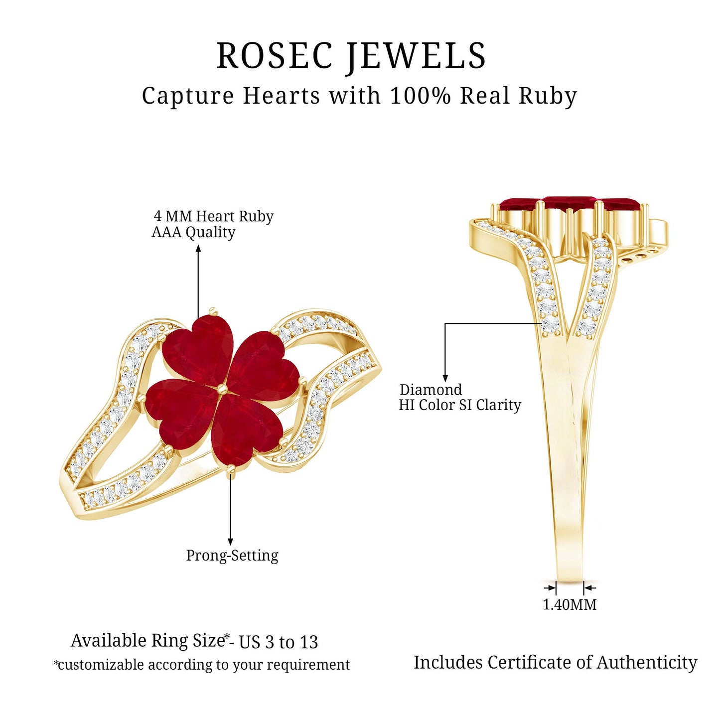 Real Ruby Flower Engagement Ring with Diamond Split Shank