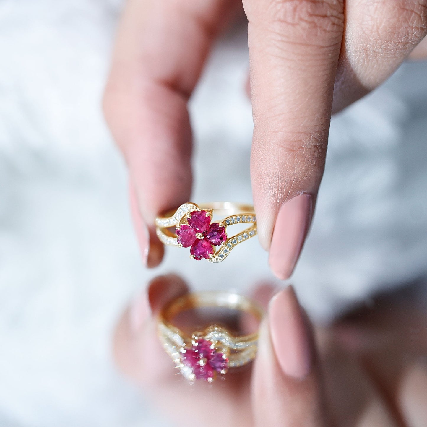 Real Ruby Flower Engagement Ring with Diamond Split Shank
