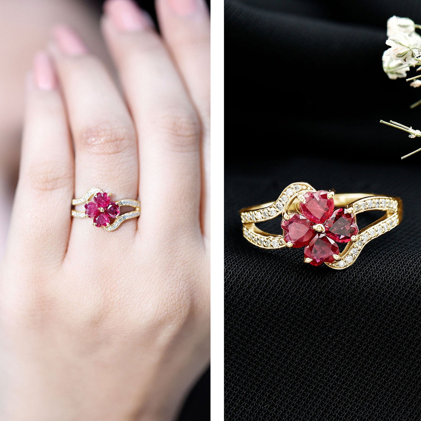 Real Ruby Flower Engagement Ring with Diamond Split Shank