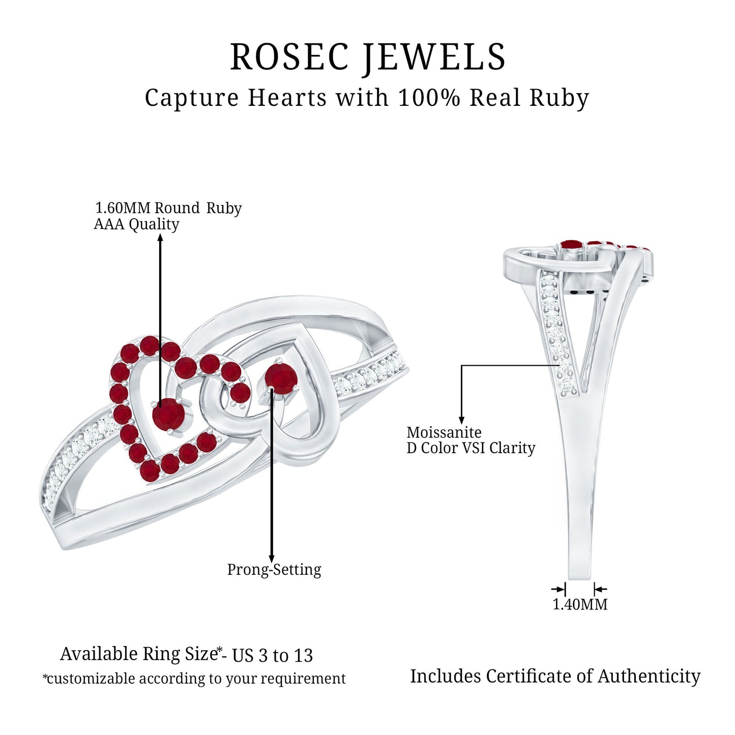 Natural Ruby Diamond Double Heart Promise Ring for Women