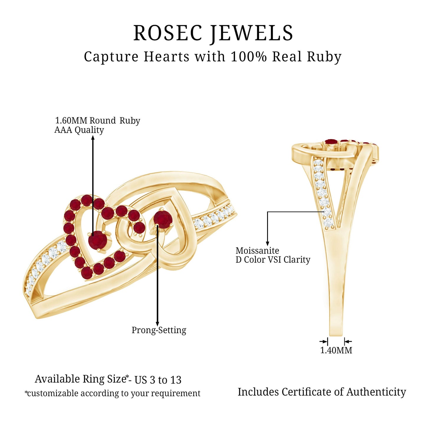 Natural Ruby Diamond Double Heart Promise Ring for Women