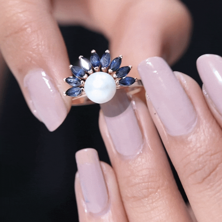 Cultured 3 Carat Freshwater Pearl Engagement Ring with Blue Sapphire