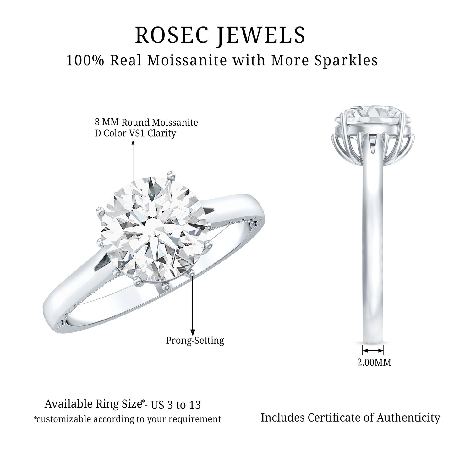 2 Carat Round Cut Moissanite Engagement Ring with Milgrain Detailing