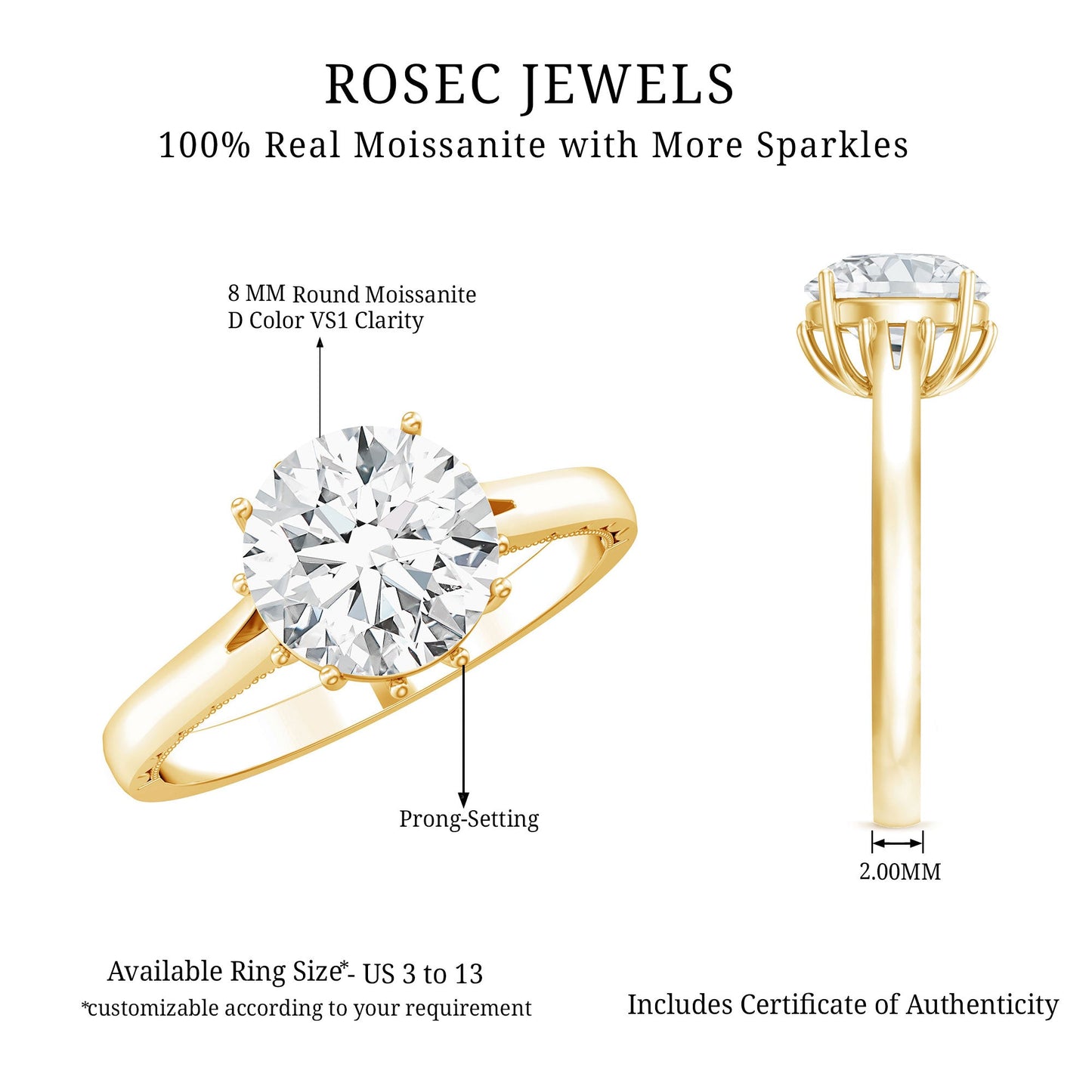 2 Carat Round Cut Moissanite Engagement Ring with Milgrain Detailing