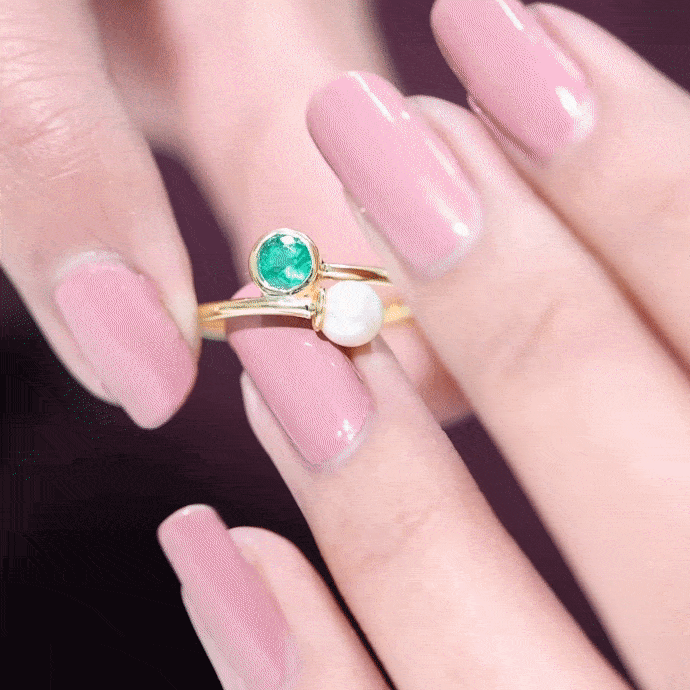 Real Freshwater Pearl and Emerald Toi et Moi Promise Ring