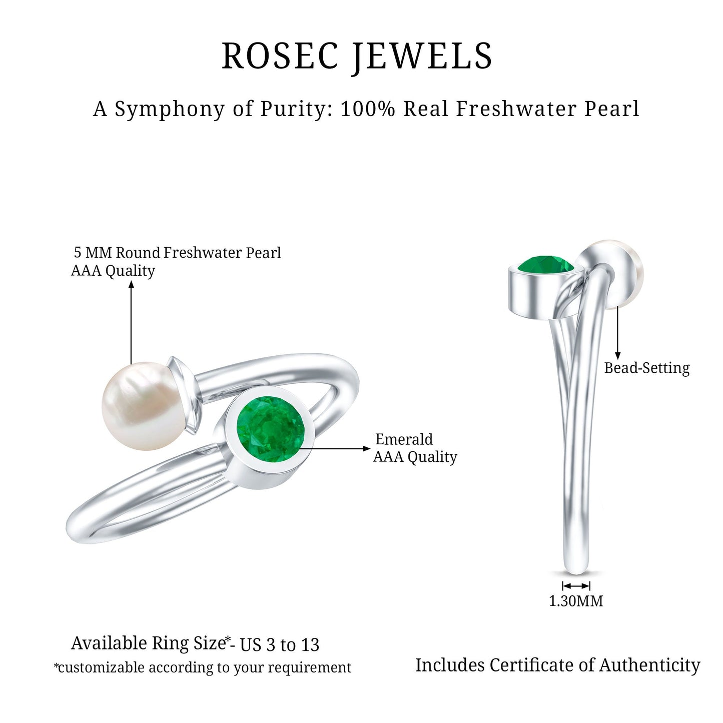 Real Freshwater Pearl and Emerald Toi et Moi Promise Ring