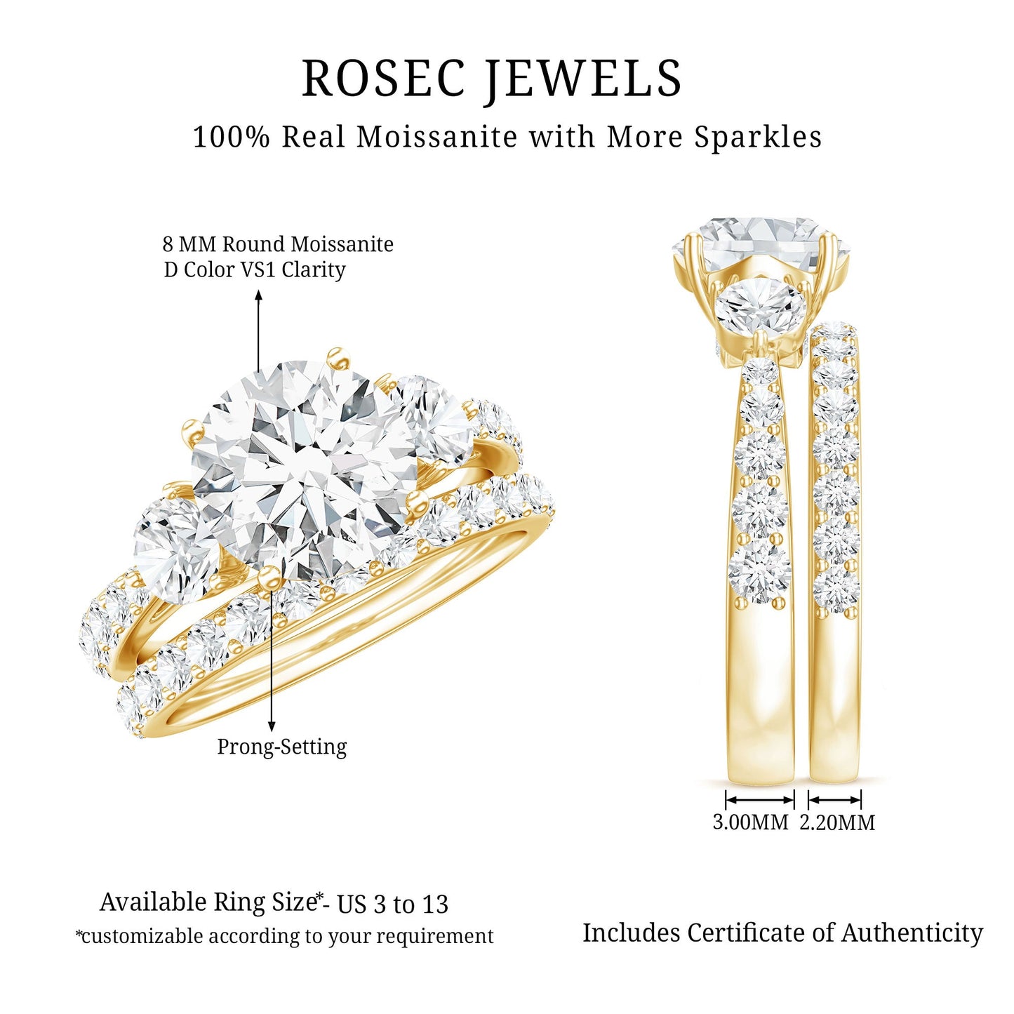 Certified 2 Carat Round Moissanite Bridal Ring Set For Wedding