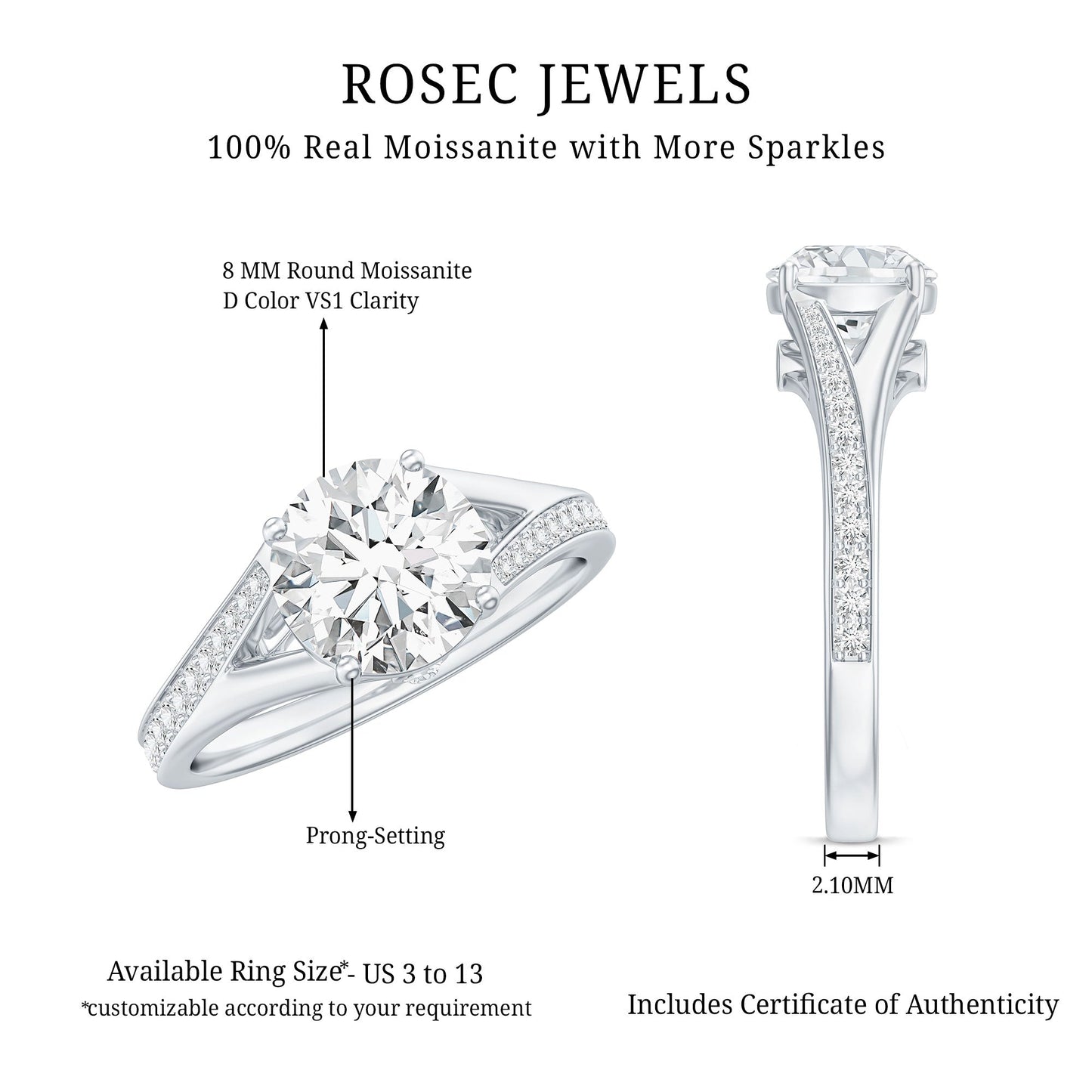 Round Moissanite Solitaire Engagement Ring with Split Shank