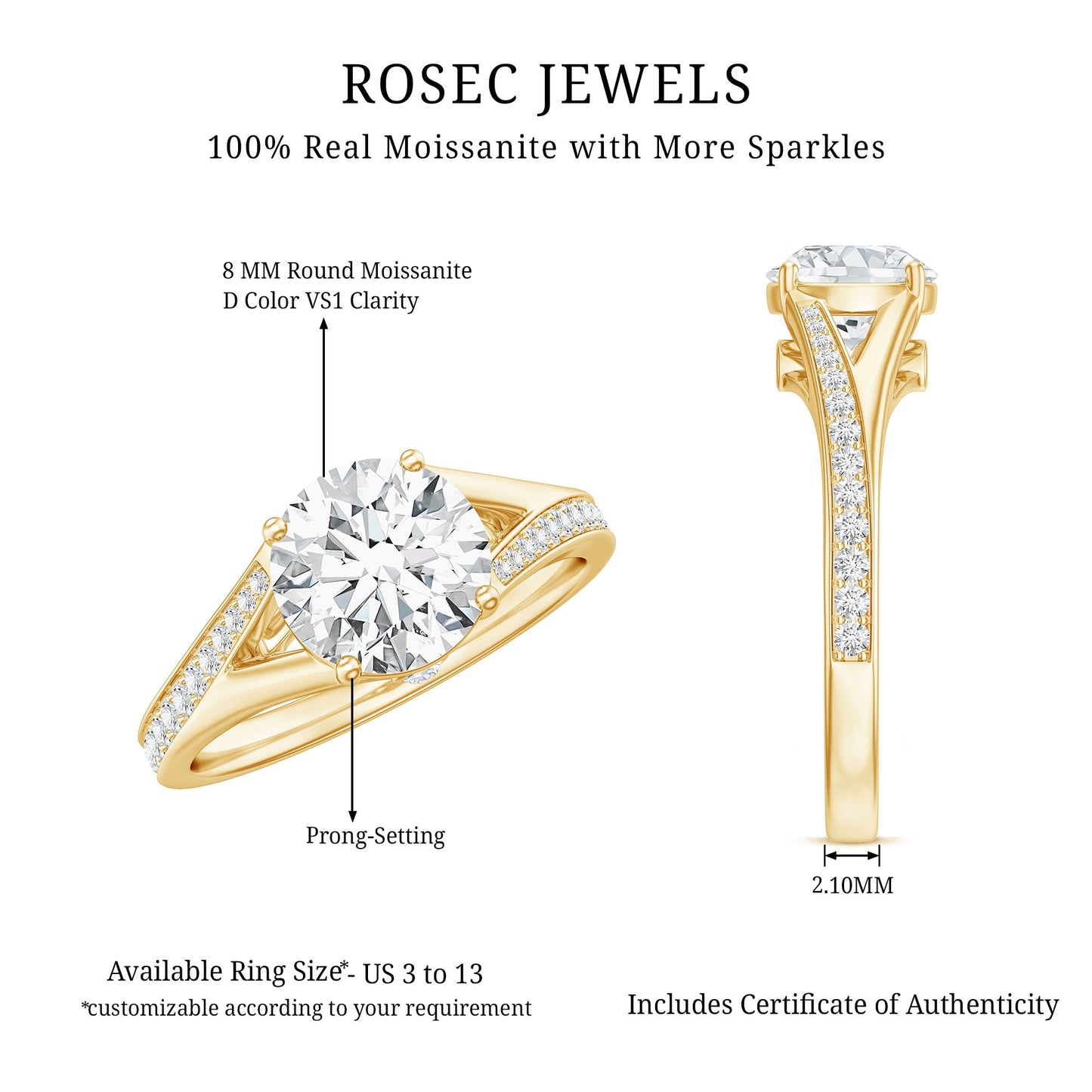 Round Moissanite Solitaire Engagement Ring with Split Shank