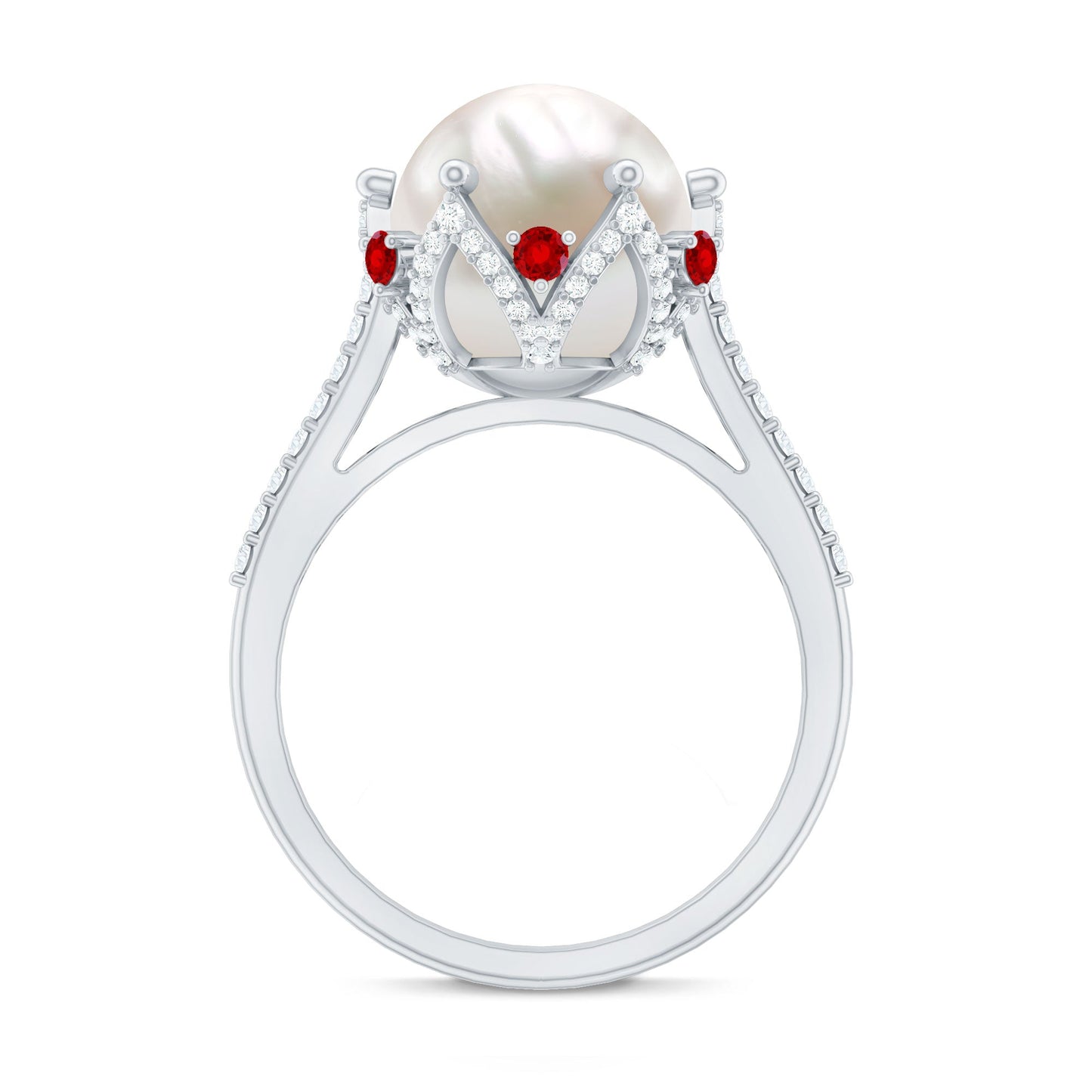 Designer 8 Carat Freshwater Pearl Engagement Ring with Ruby and Moissanite