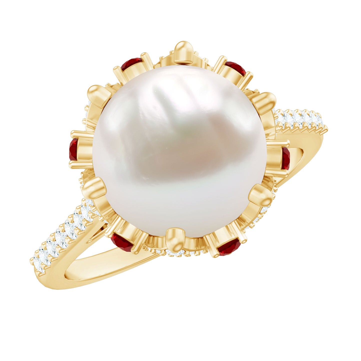 Designer 8 Carat Freshwater Pearl Engagement Ring with Ruby and Moissanite