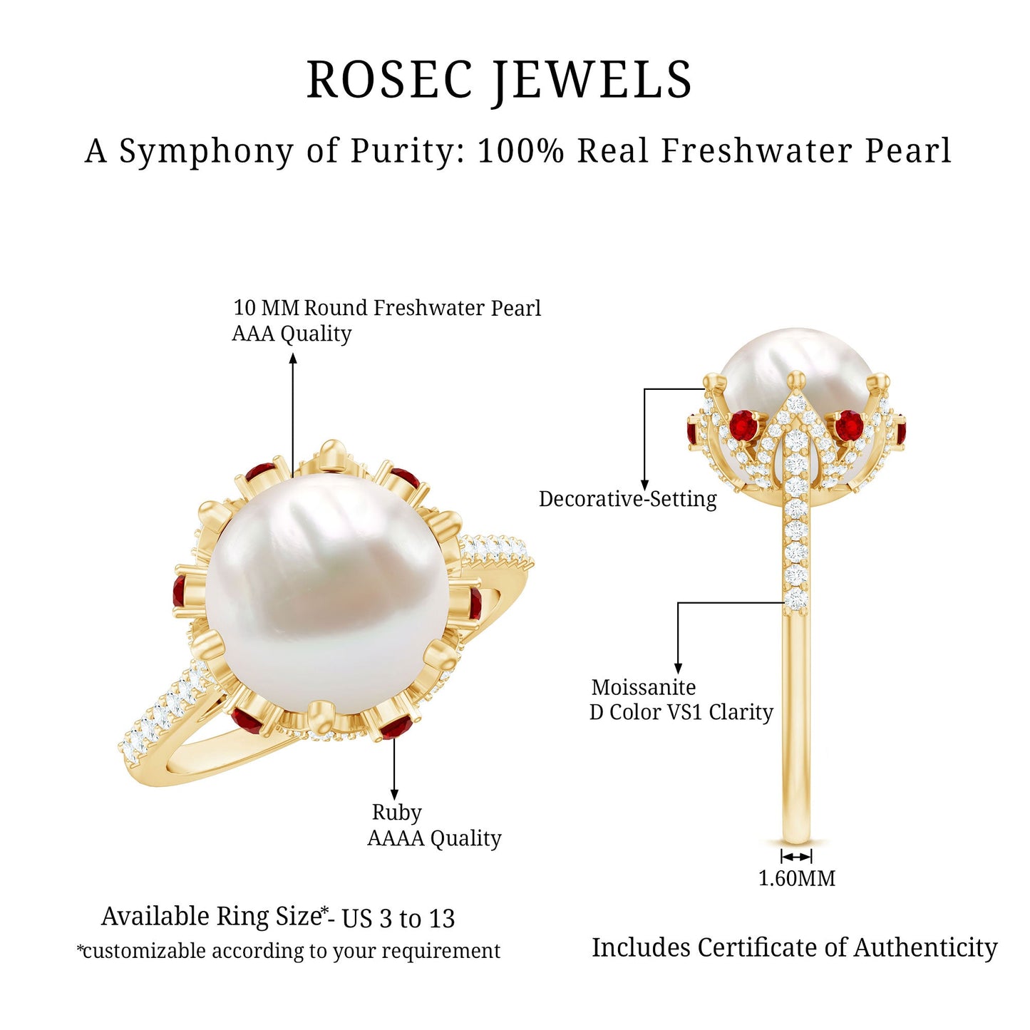 Designer 8 Carat Freshwater Pearl Engagement Ring with Ruby and Moissanite
