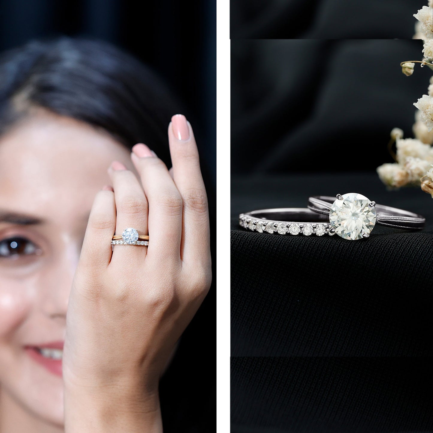 Brilliant Cut Moissanite Engagement Ring and Wedding Band