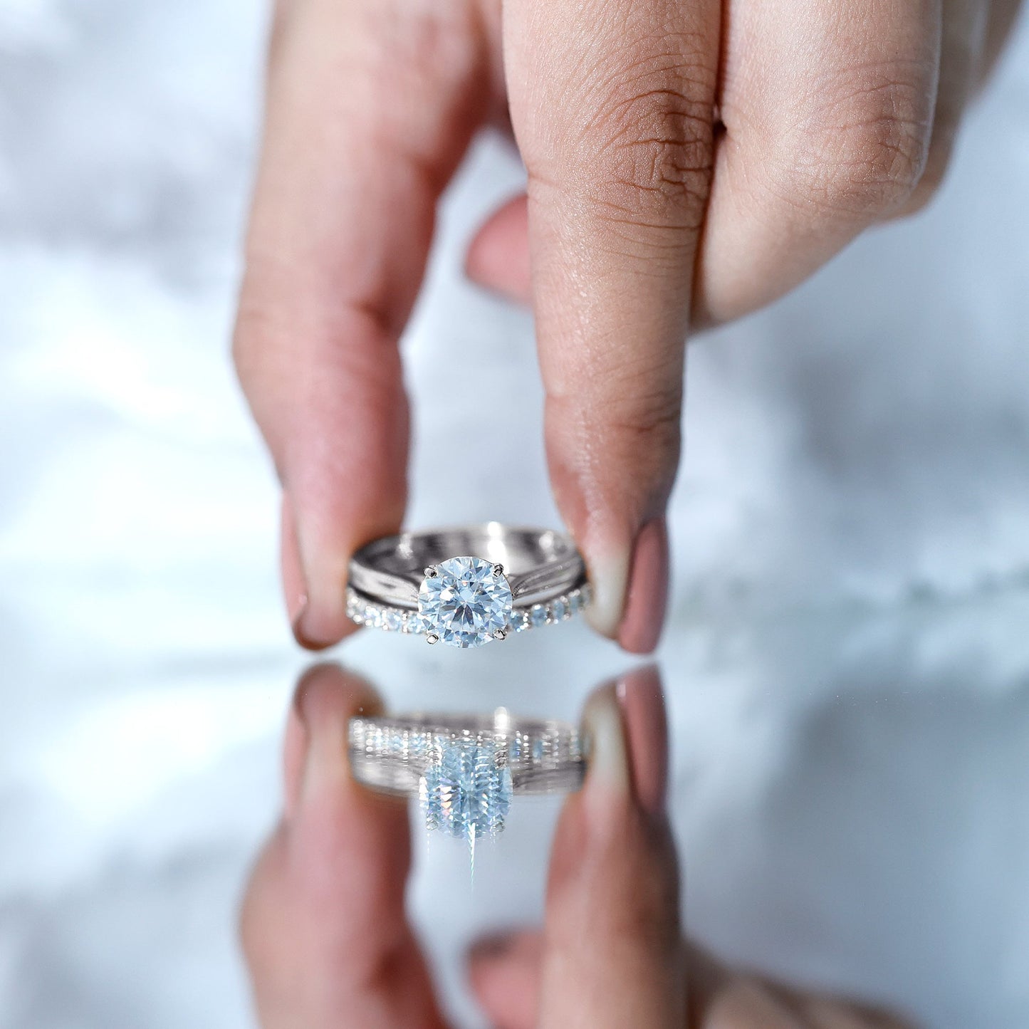 Brilliant Cut Moissanite Engagement Ring and Wedding Band