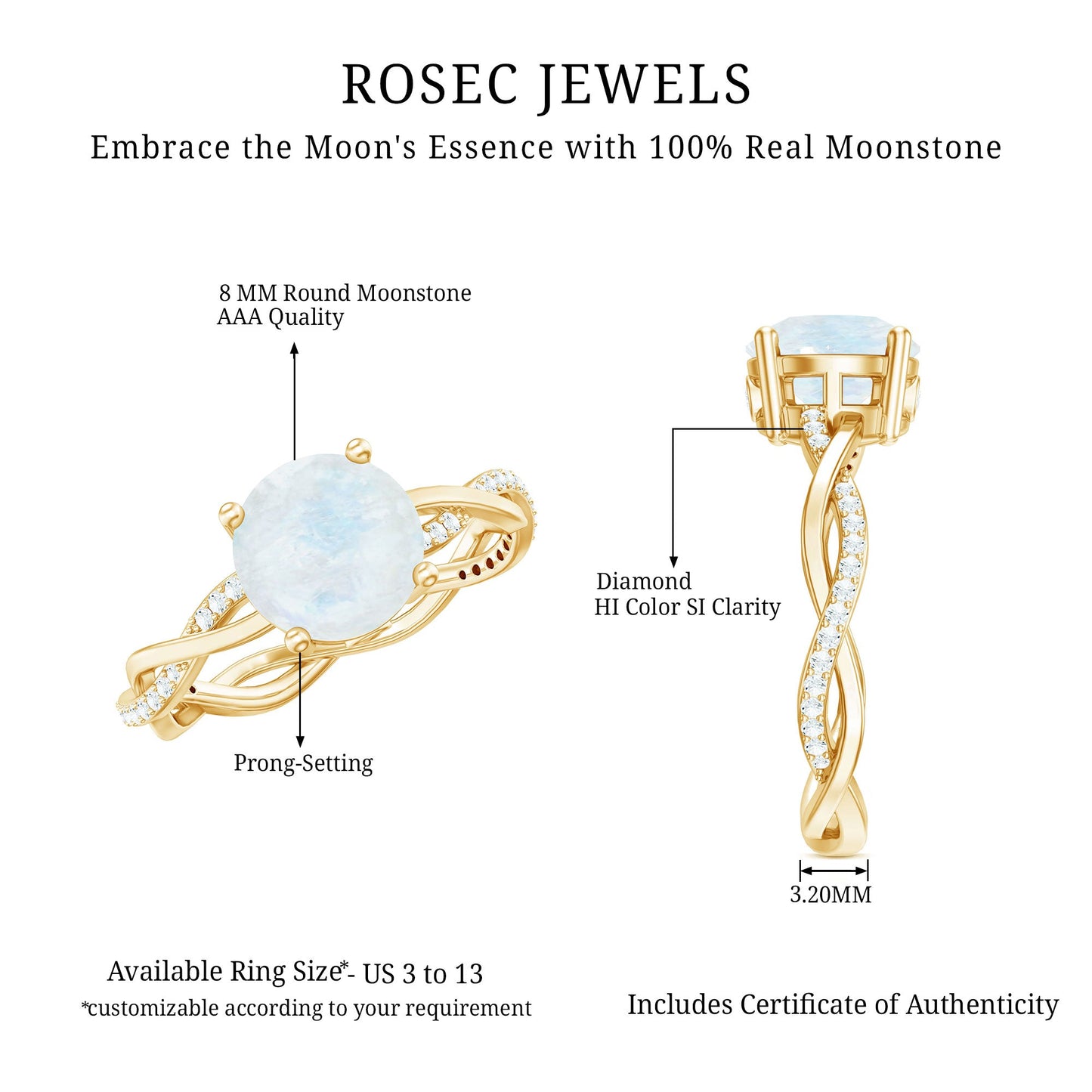 Real 0.85 Carat Moonstone and Diamond Braided Engagement Ring